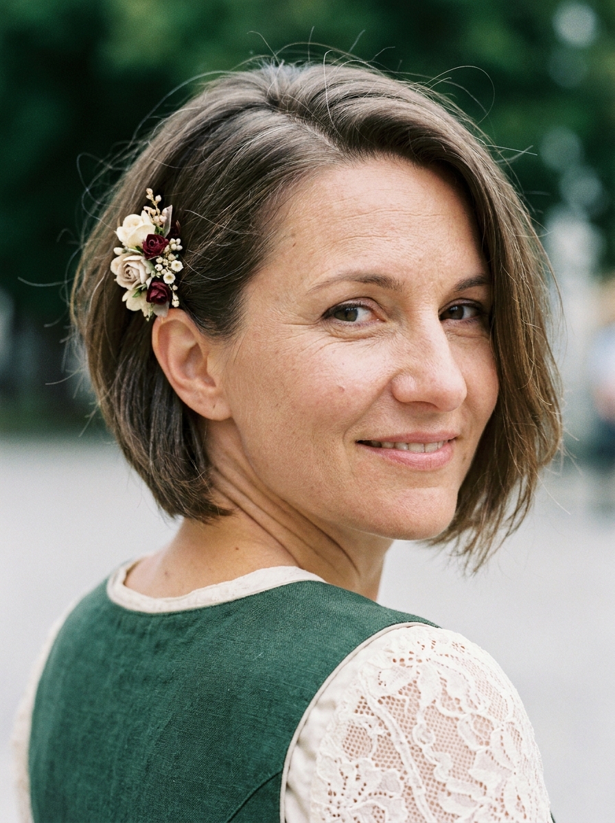 Seitenscheitel mit Blumenclip als Dirndlfrisuren für kurze Haare Inspiration 2026